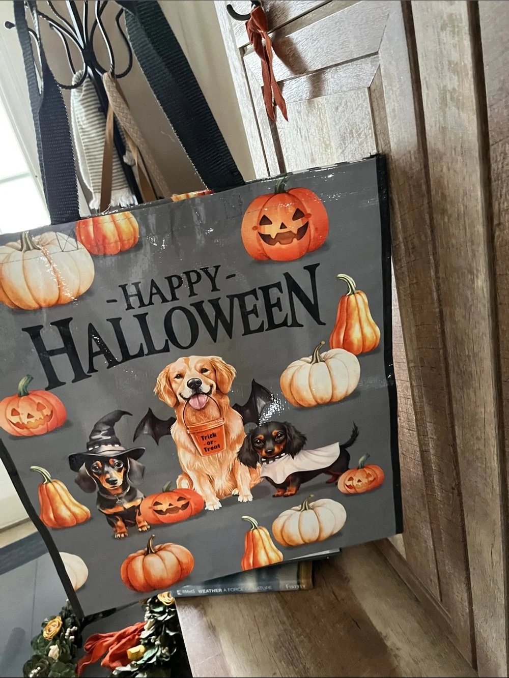 Happy Halloween Gray Trick-or-Treat Tote Bag with Pumpkin & Dogs—Cracker Barrel